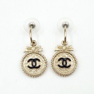 Chanel Black CC Gold Ribbon Button Large Hoop Earrings